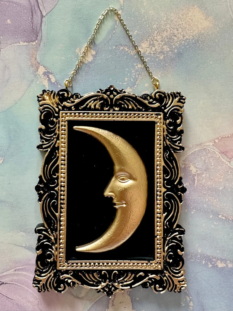 Vintage Celestial Crescent Moon Frame Mini Wall Hangers ✨Man in the Moon Vintage Style Art✨ Gold or Silver✨ Whimsical Decor