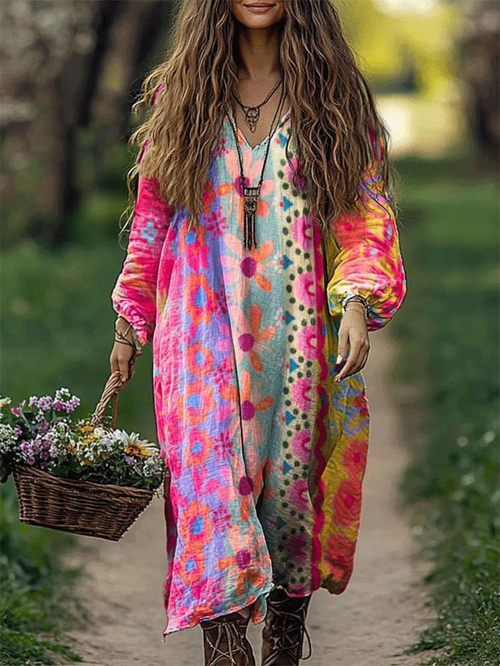 Women's Colorful Floral Patchwork Art Pattern Print Loose V Neck Pocket Cotton Dress