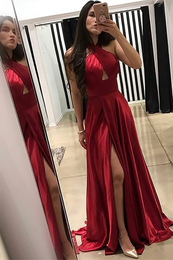 Bellasprom Burgundy Prom Dress Long With Slit Halter Bellasprom