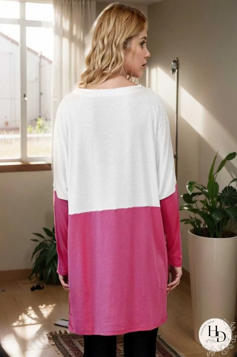 two color stitching pocket loose long sleeve t shirt