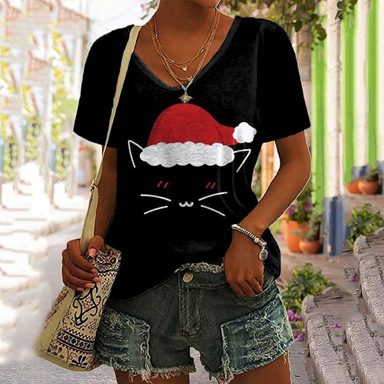 Vefave Casual Christmas Cat Print Short Sleeve T-Shirt