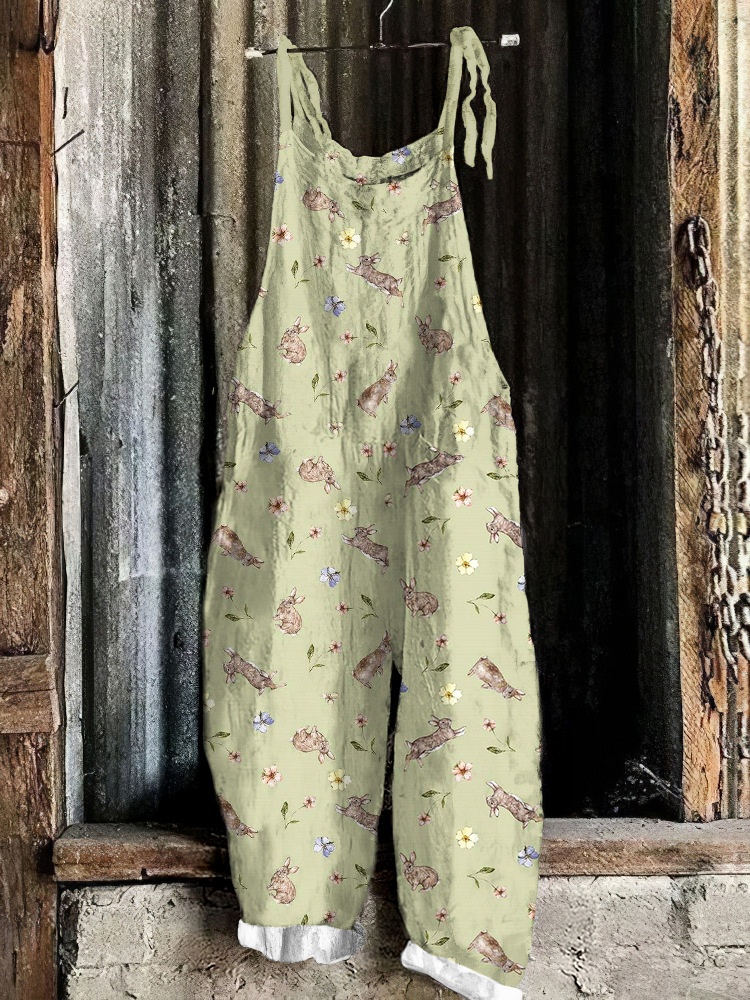 Women's Cute Print Linen Blend Casual Jumpsuit