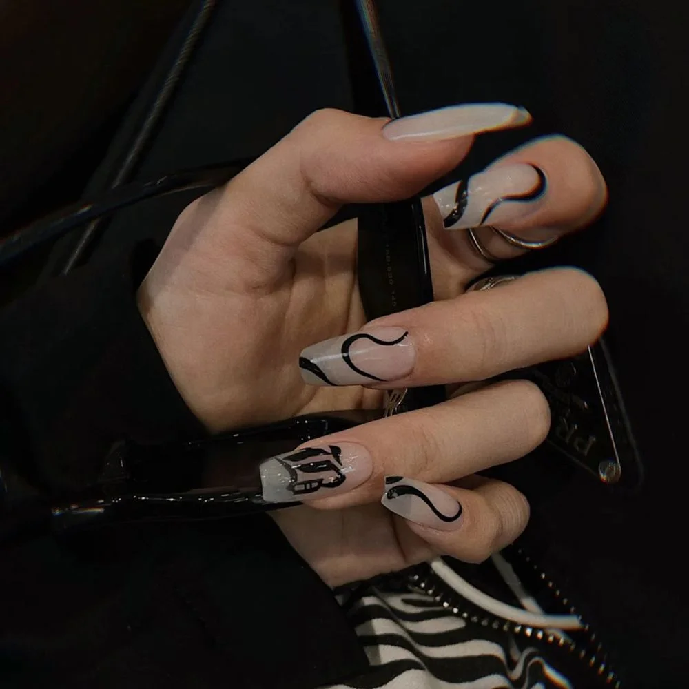 24pcs/Box Long Coffin False Nails with Dragon Pattern Design Ballerina Manicure Patches Press On Nails Full Cover Nail Tips