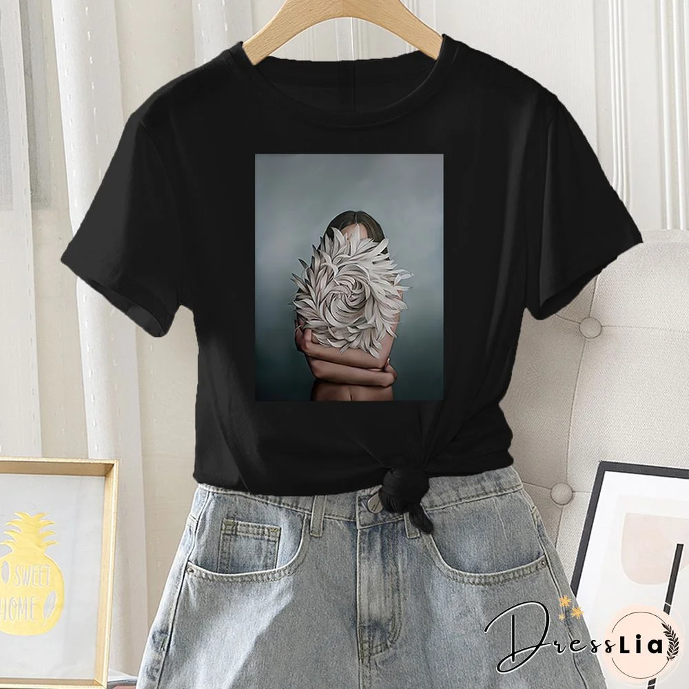 Summer Casual Women T-shirt 100% Cotton Short Sleeve Flower Photo Print Female Graphic Vintage T Shirt Ladies Round Neck Tee Top