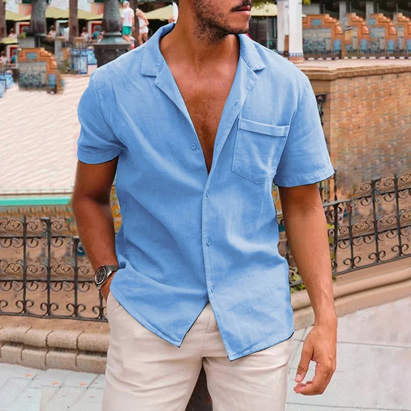 Men's Breathable Solid Color Short Sleeve Loose Cotton Shirt