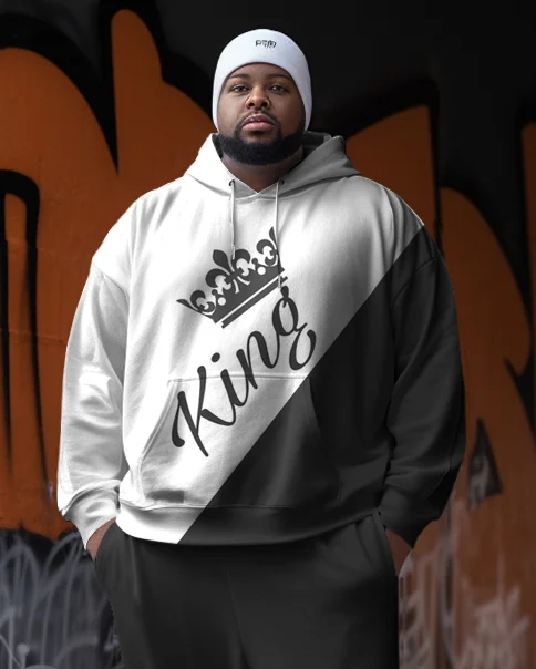 Men's Plus Size Casual Hip Hop Black and White King Long Sleeve Hoodie Set