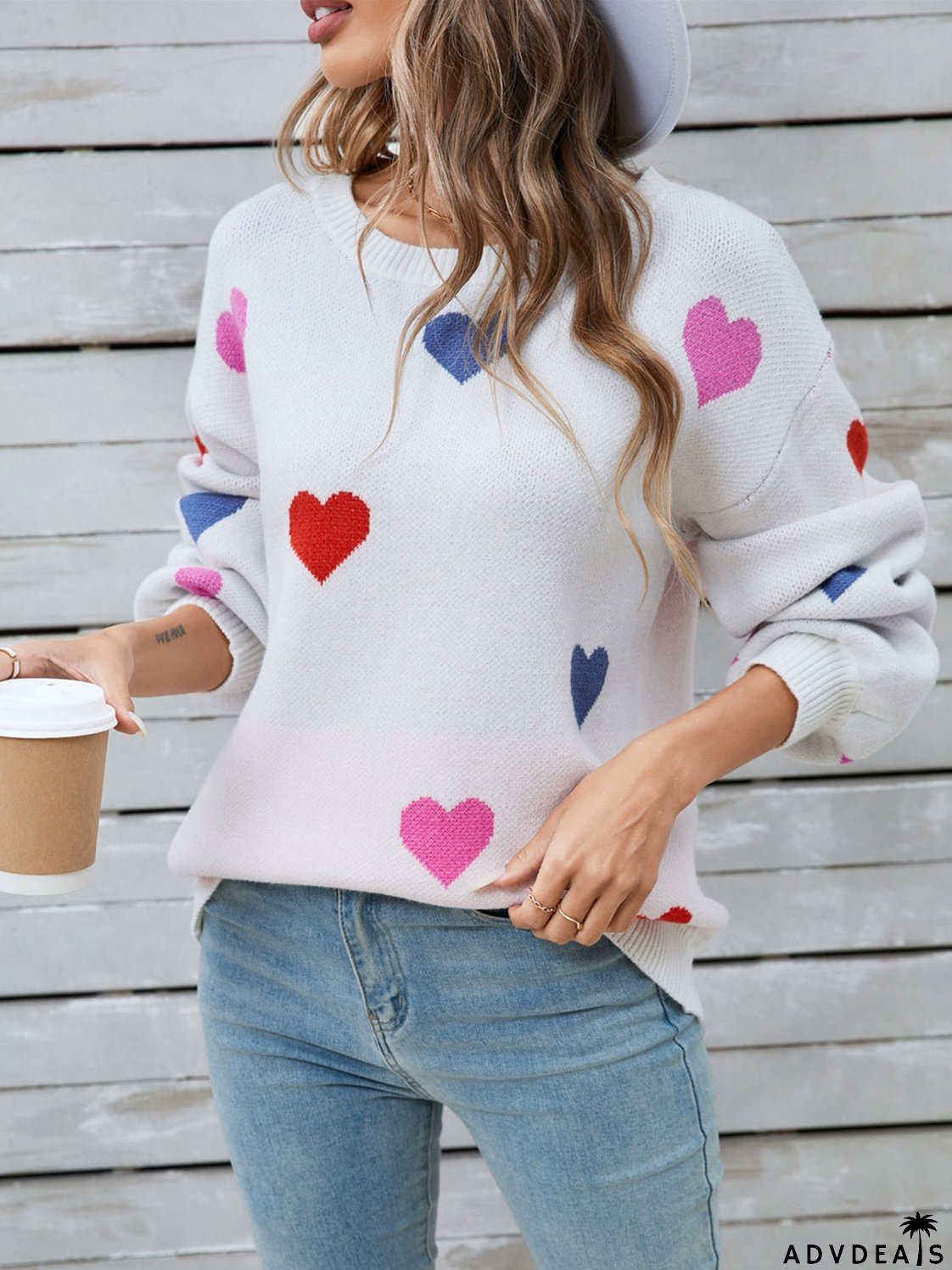 Heart-shaped, long-sleeved crew neck sweater