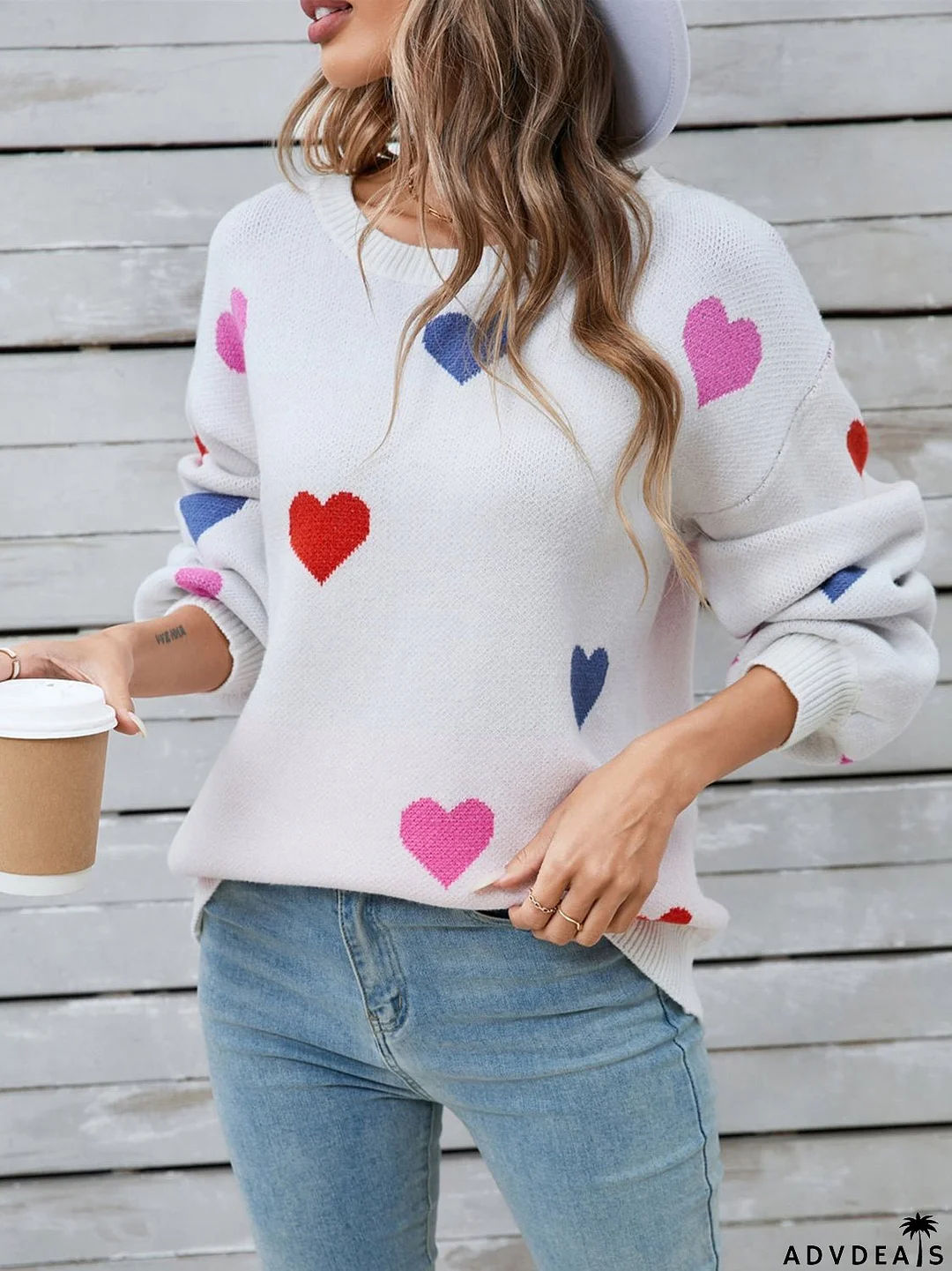 Heart-shaped, long-sleeved crew neck sweater