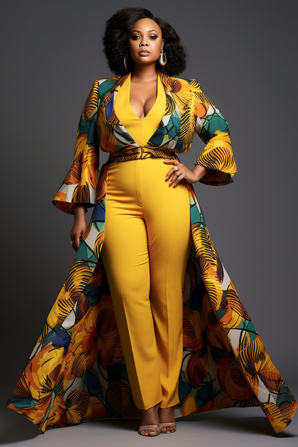 Design Plus Size Mother Of The Bride Elegant Multicolor Ankara V Neck Flare Long Sleeve Knitted Jumpsuits Cardigan Set [Pre-Order]