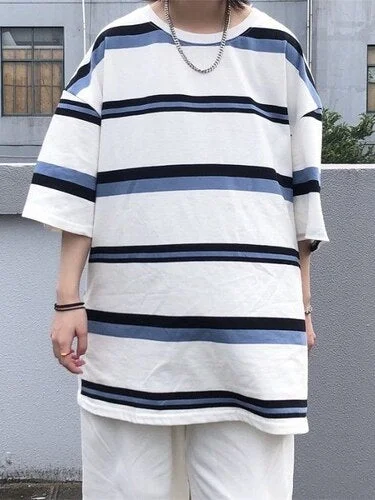 Aonga T-Shirts Men Striped Summer Retro Loose Japanese Style Simple All-Match Half-Sleeve Футболки Teens Fashion Students Leisure Tops