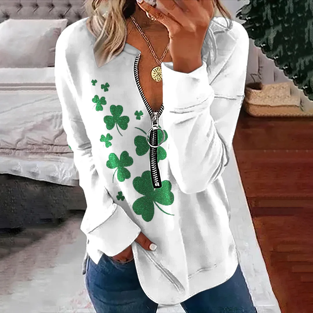 Clover Print V Neck Zip Long Sleeve Sweatshirt