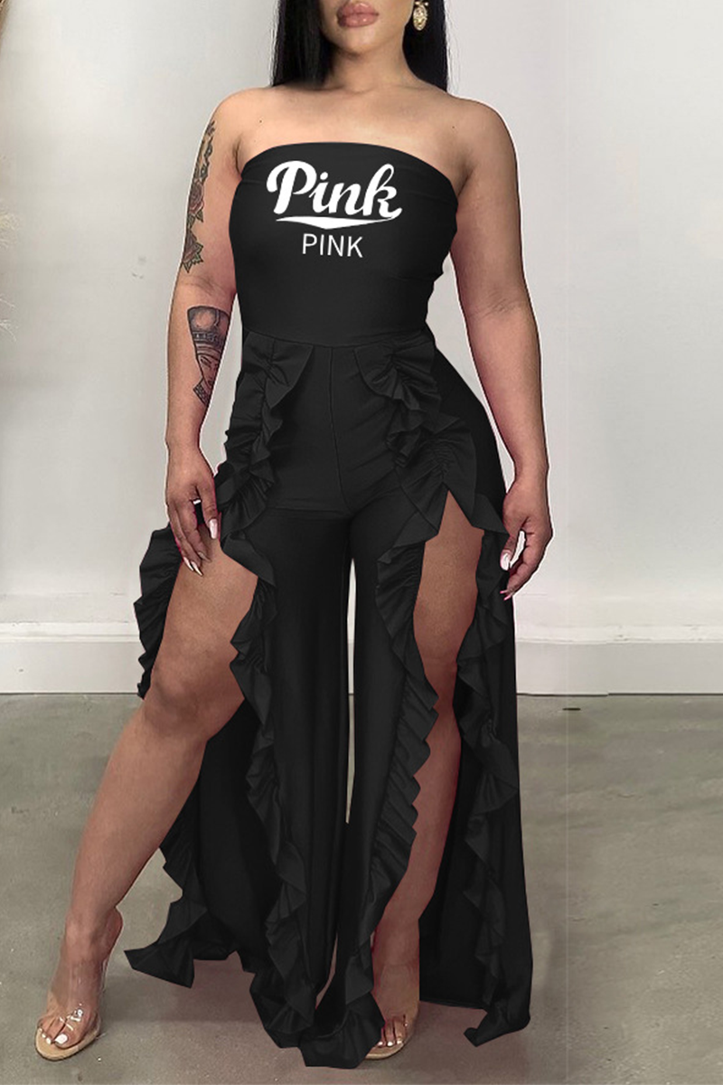 Fashion Print Flounce Strapless Boot Cut Jumpsuits