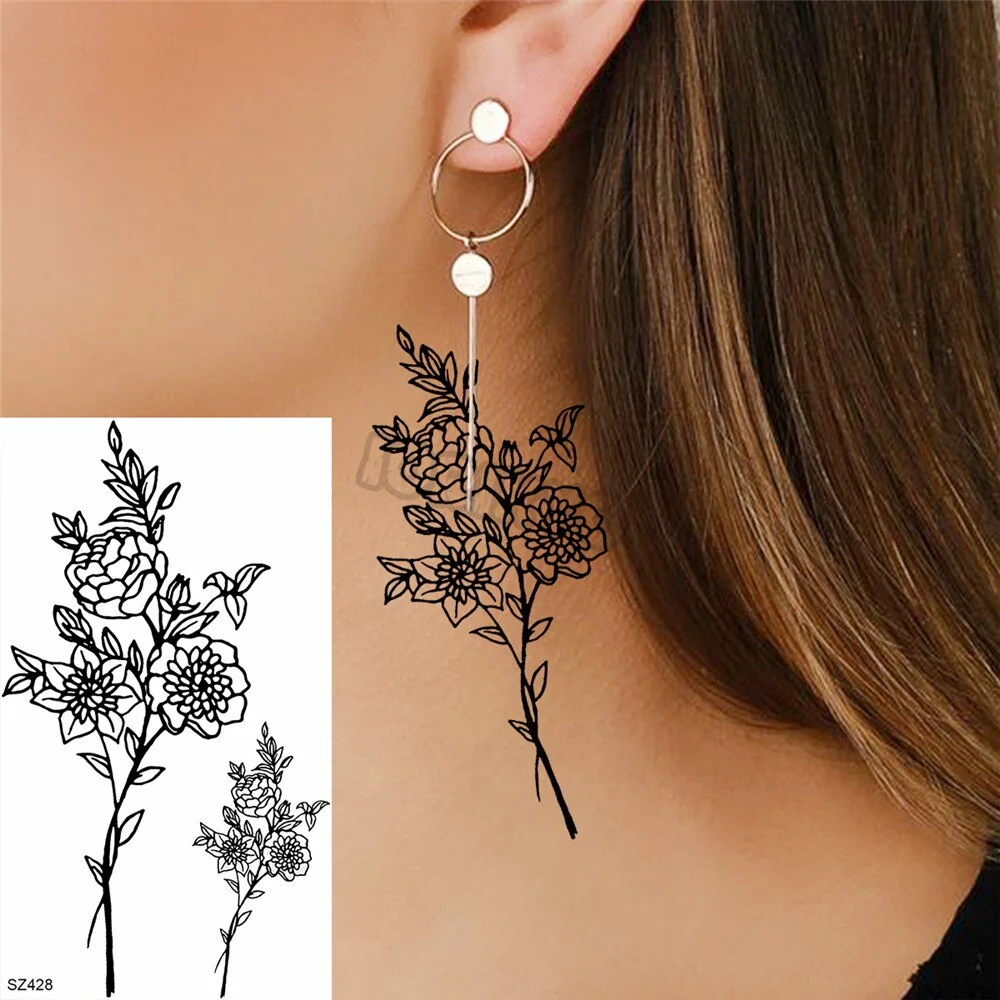 Black Rose Flower Temporary Tattoos For Women Girls Realistic Cosmic Moon Thorns Fake Tattoo Sticker Forearm Tatoos Legs Wedding