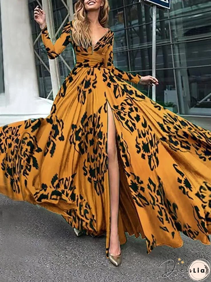 Deep V-neck Long-sleeved High-slit Evening Gown for Women