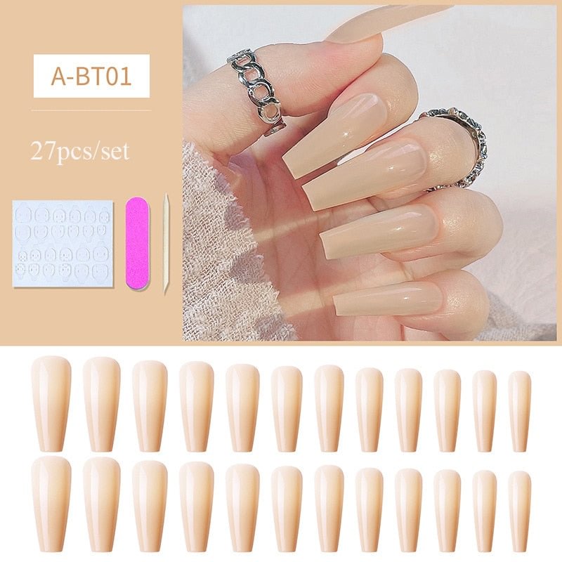 27pcs Color-changing Fake Nails French Coffin Artificial Tips with Jelly Glue Tool Sets Press on Nail False Ballet Wearable