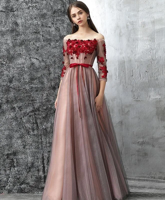 Unique Red Lace Applique Tulle Long Prom Dress, Evening Dress