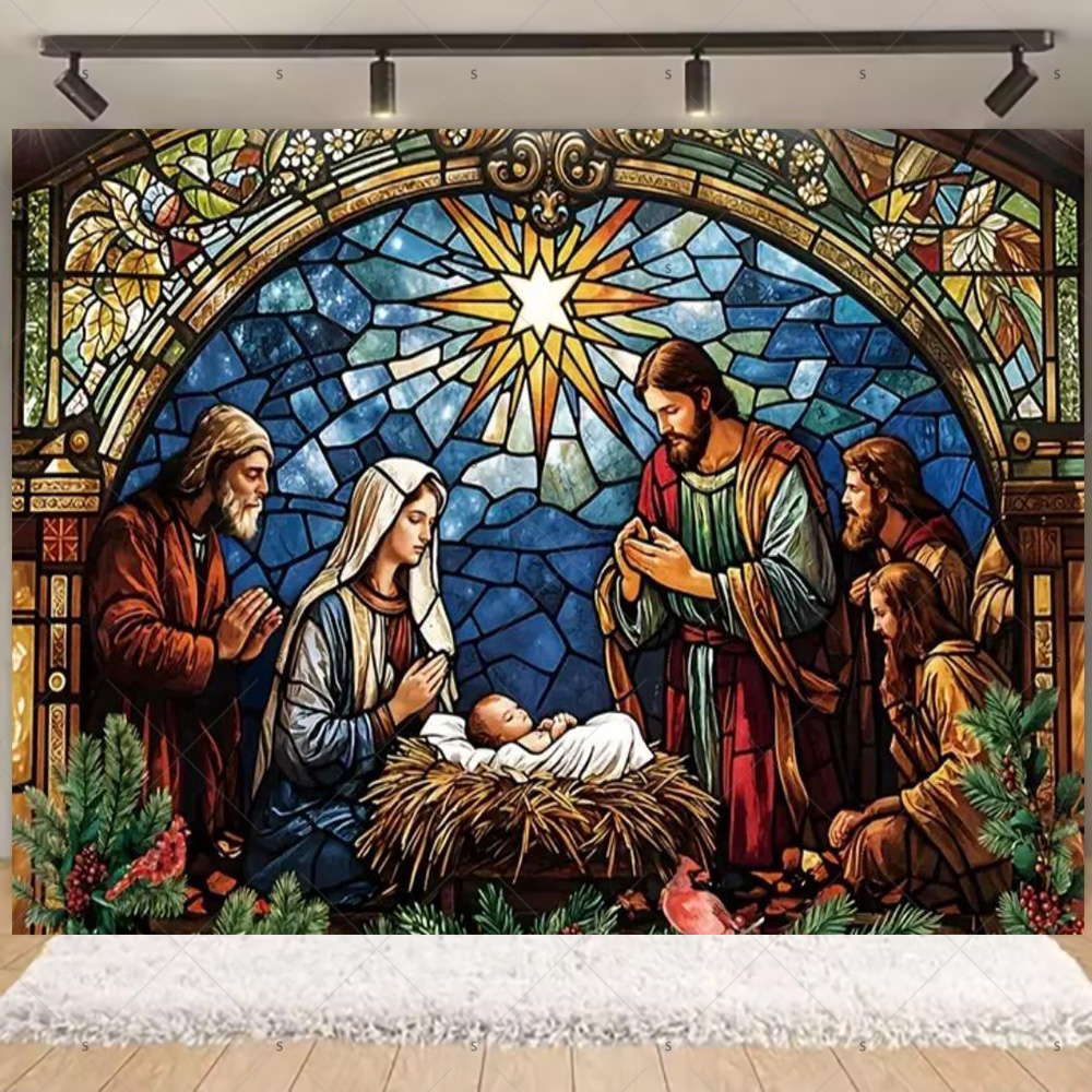 Tegooe Nativity Scene Christmas Backdrop Stained Glass Style Nativity Background Banner for Holiday Party Photo Booth Props