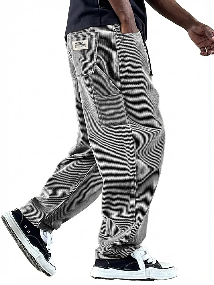 Men's Casual Vintage Multi-Pocket Embroidered Logo Corduroy Workwear Trousers