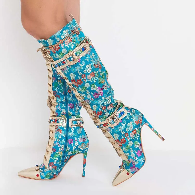 Elegant Floral Print Boots Pointy Stiletto Heel Lace Up Knee High Boot |FSJ Shoes
