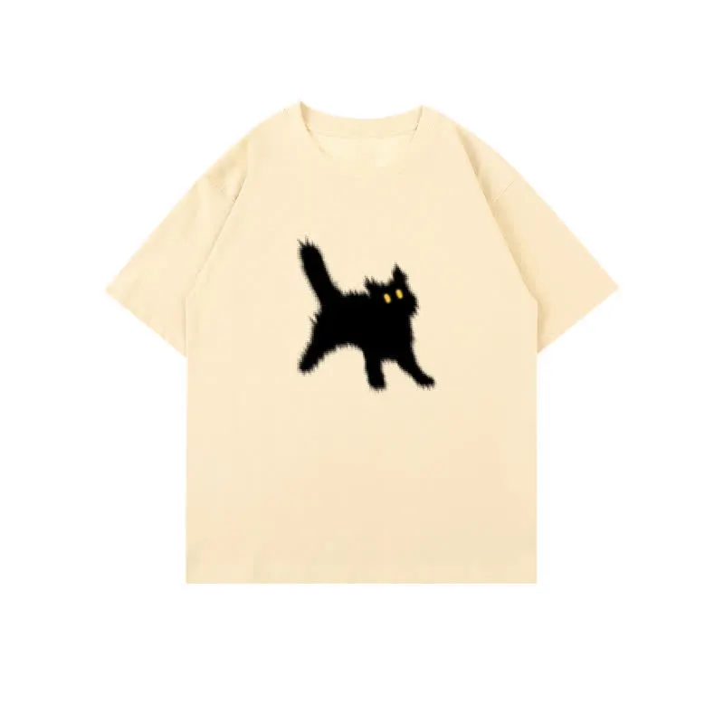 Cartoon Cat Print Round Collar Oversized T-Shirt