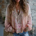 Women's Vintage Boho Pink Roses Embroidered Comfy Linen Shirt - Image 2