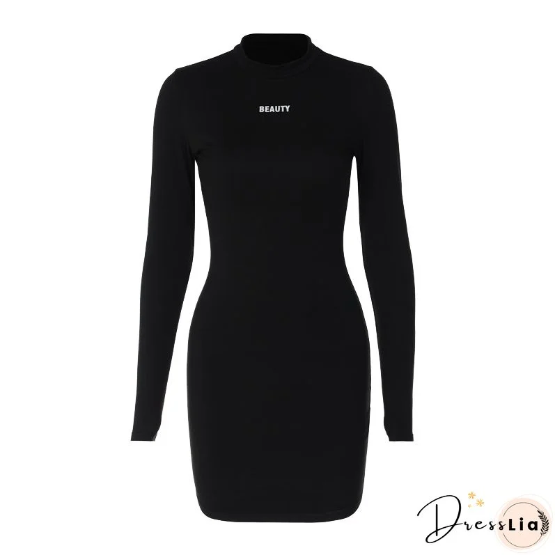 New Spring Summer Causal Outdoor Style Long Sleeve Pullover Lettering Print Mini Bodycon Dress