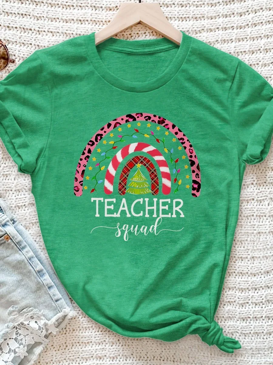 Christmas Tree Rainbow Teacher Squad Print Short Sleeve T-shirt