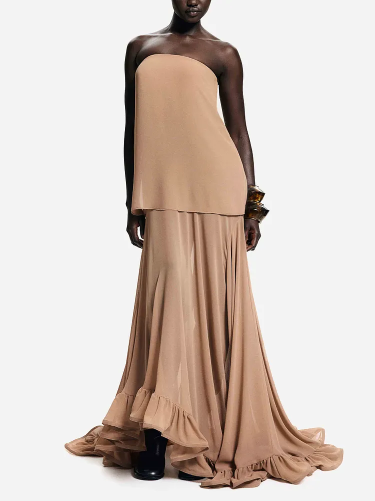 Elegant Fluffy Halter Ruffle Maxi Dress