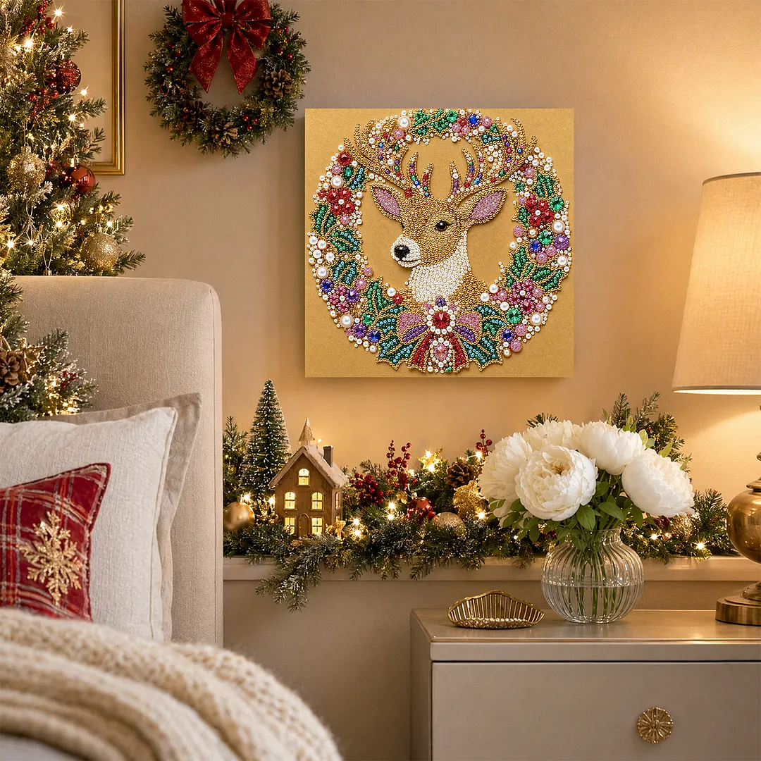 Christmas Reindeer Wreath Framed Pearl Painting Kit 25x25cm for Adults