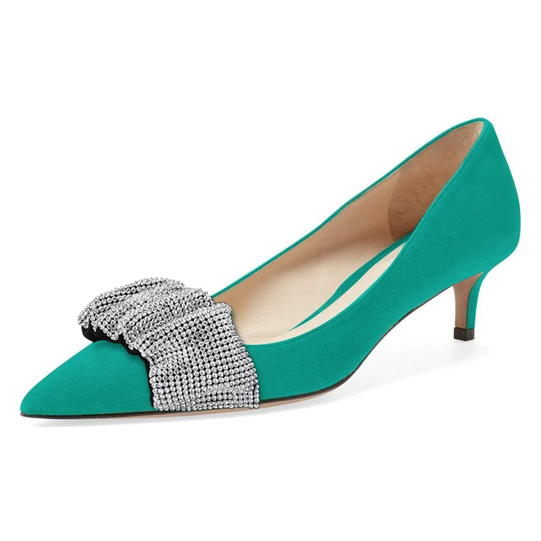 Turquoise Vegan Suede Pointed Rhinestone Embellished Pumps for Women