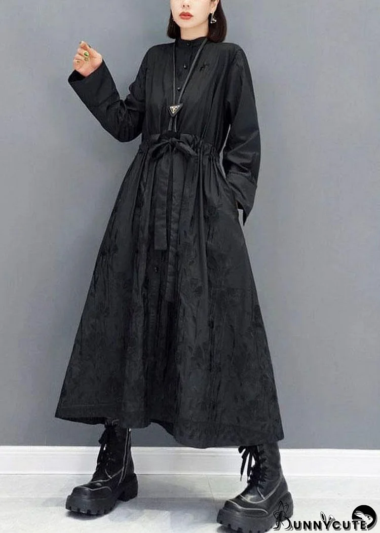 Casual Black O-Neck Button Maxi Dresses Fall Long Sleeve