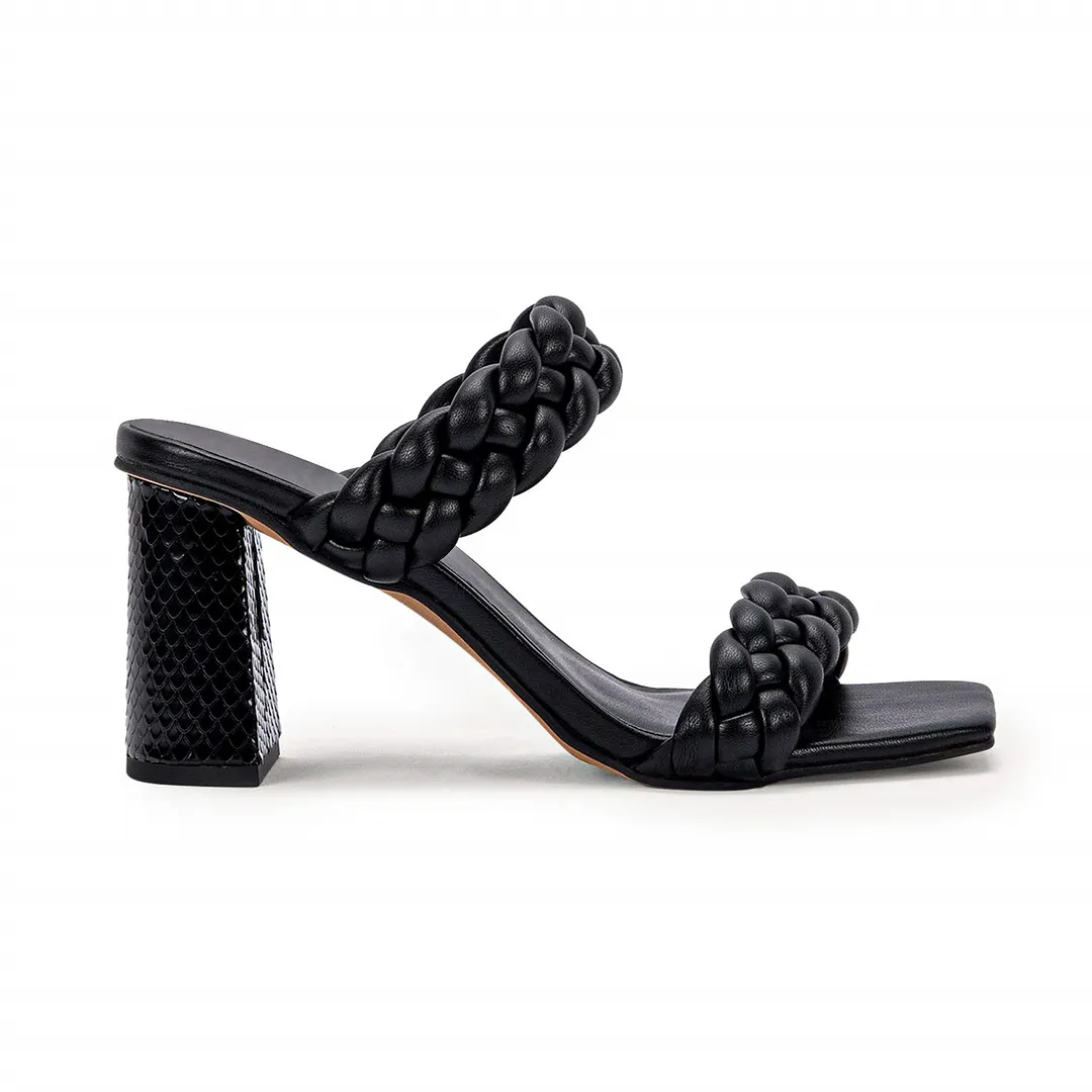 Women's Backless Square Open Toe Block Strappy Braided Heeled Sandals-vocosishoes