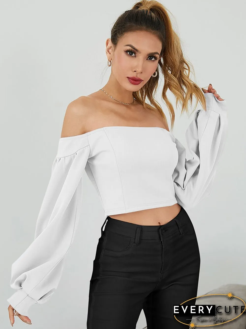 Solid Lantern Long Sleeve Off The Shoulder Crop Top