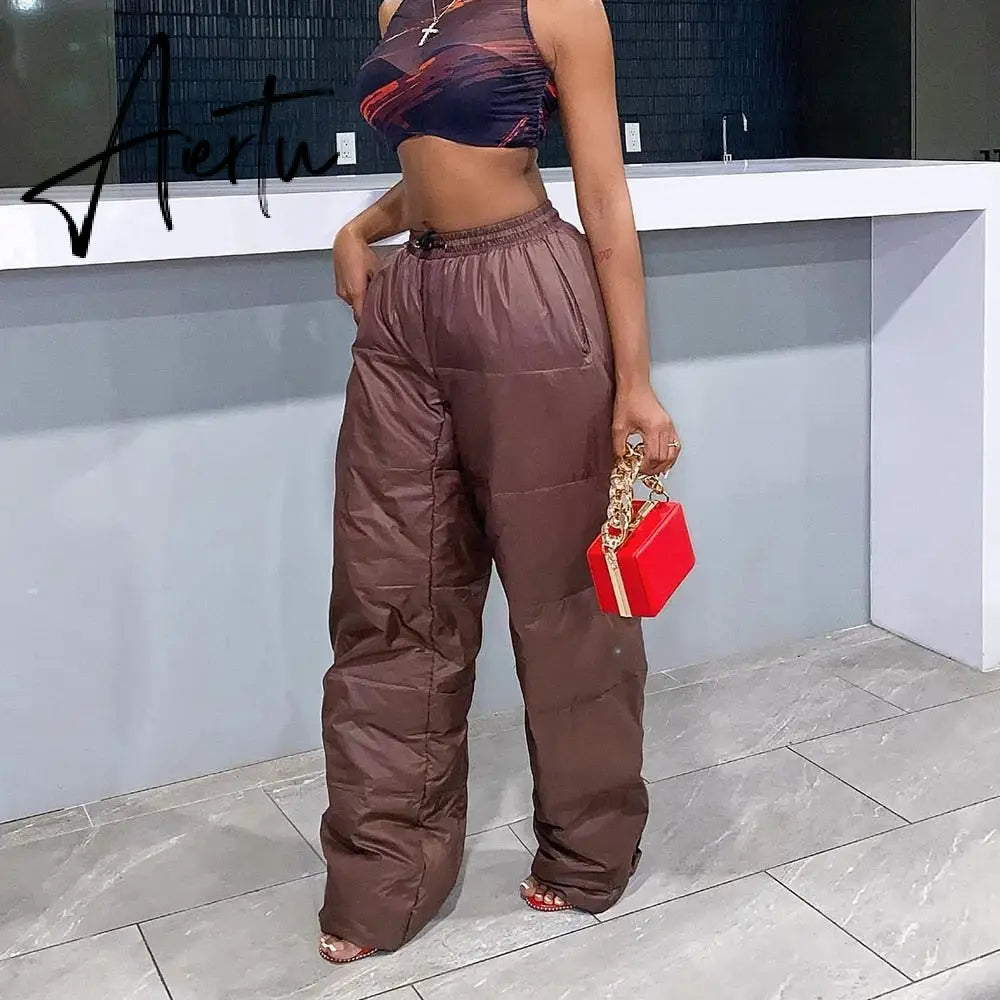 Sexy Streetwear Brown Wide Leg Pant Cargo Woman Cotton Padded Trouser Women Casual Warm Pants Autumn Winter Aiertu