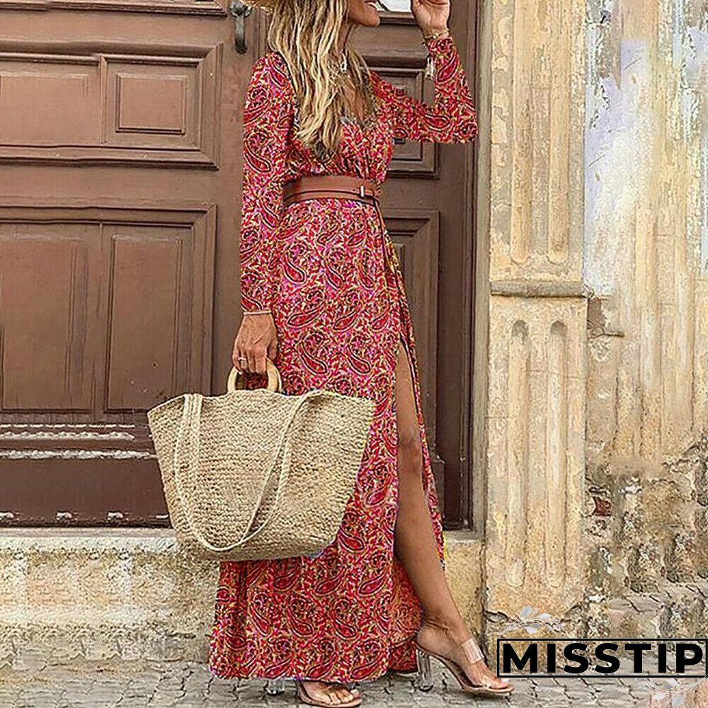 Bohemia Style V Neck Long Sleeve Beach Maxi Dress