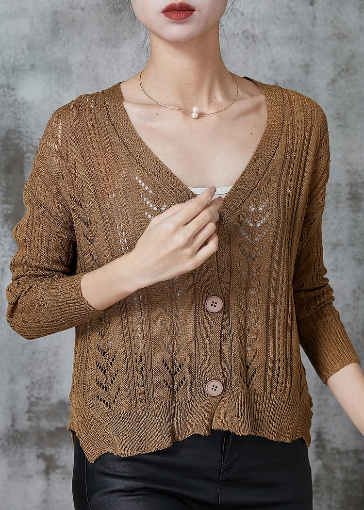 Women Coffee V Neck Hollow Out Knit Cardigans Spring