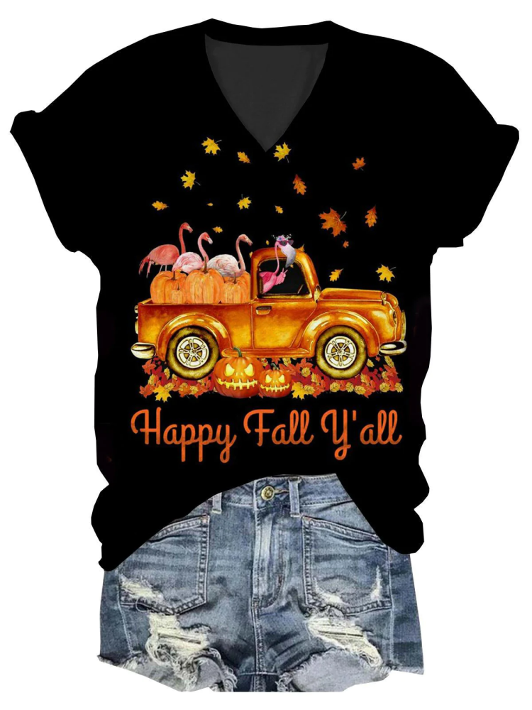 Autumn Flamingo Maple Leaf Pumpkin Car Print V Neck T-Shirt