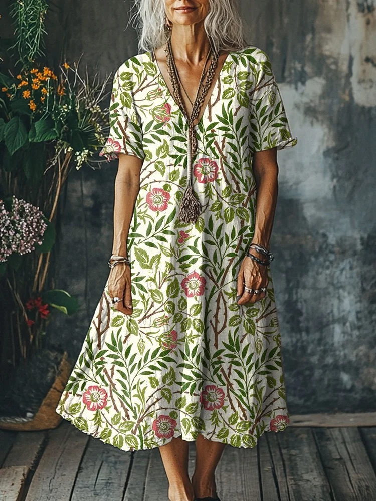 Women's  Flowers Art  Print Pocket Cotton Dress