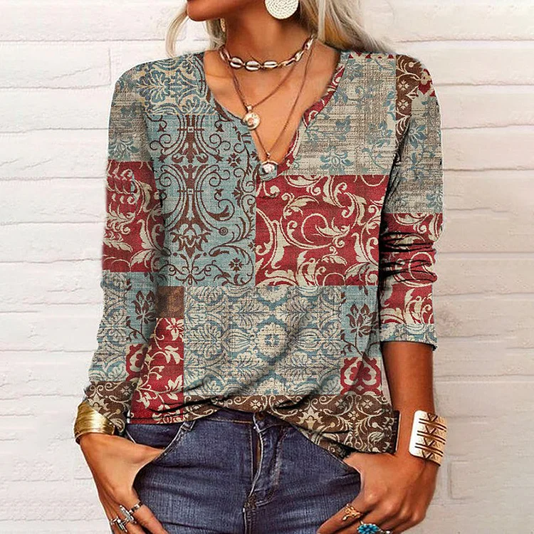 VChics Fall Fashion 2022 Women's Vinatge Printed Long Sleeve T-shirt
