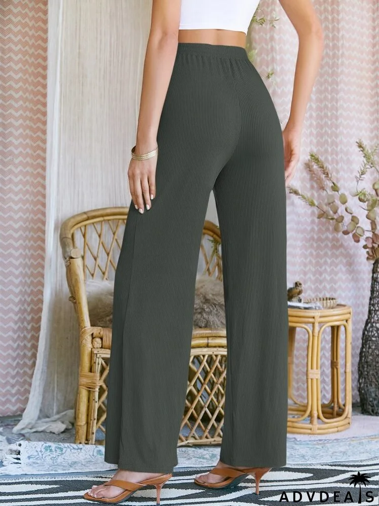 Elastic Waist Rib-knit Wide Leg Pants