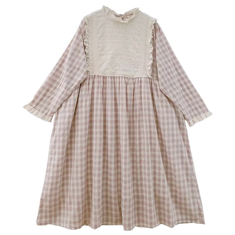 Queenfunky cottagecore style Lace Plaid Patchwork Dress QueenFunky