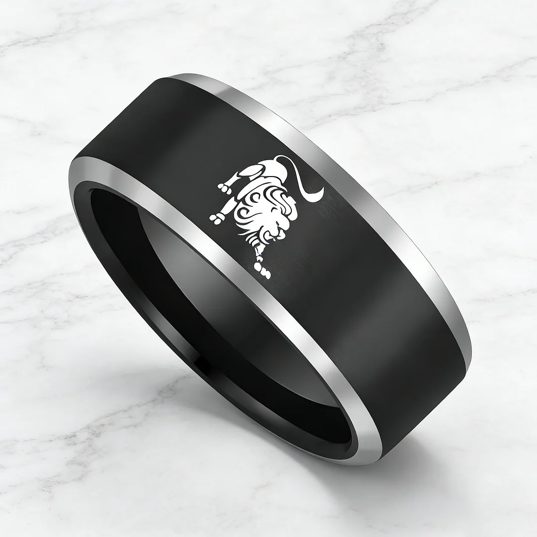 Black Leo Tungsten Carbide Rings Beveled Edges Black Laser Etched Couple Wedding Bands 4MM 6MM 8MM Width