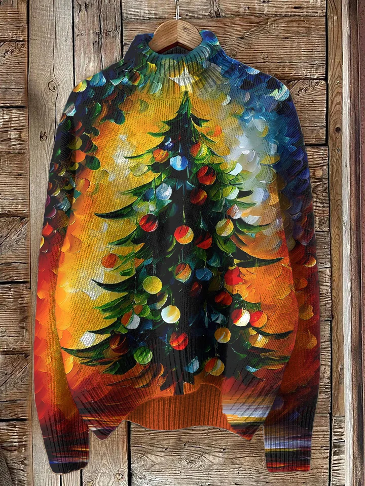 Women's Christmas Tree Oil Painting Print High Neck Knit Sweatshirt