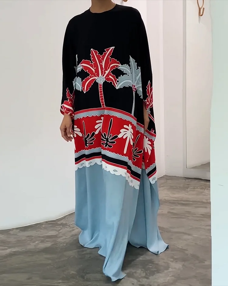 Women's Crew Neck Printed Satin Kaftan Dress