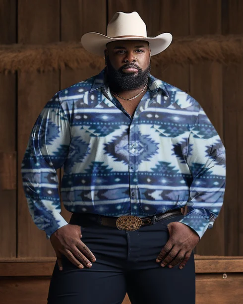Men's  Plus Size Native Pattern Fleece Western Shirt in Blue & Navy Long Sleeve Trousers Two-Piece Set