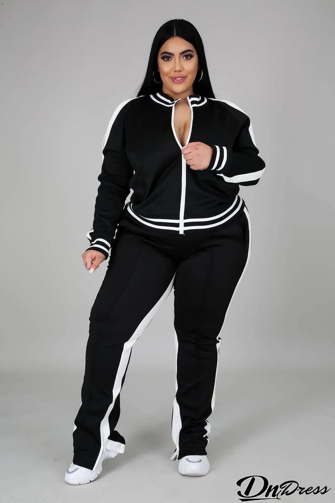 Women 's Clothing Zippered Leg Slit Casual Two Piece Plus Size Sportswear