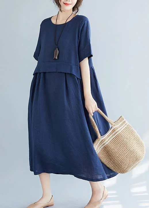 Simple navy cotton quilting dresses o neck pockets loose summer Dress
