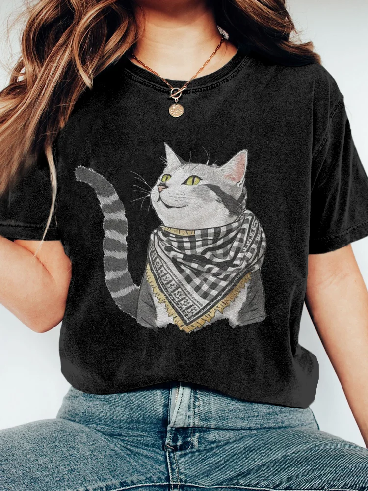 Palestine Keffiyeh Bissa Cat Vintage Washed T Shirt