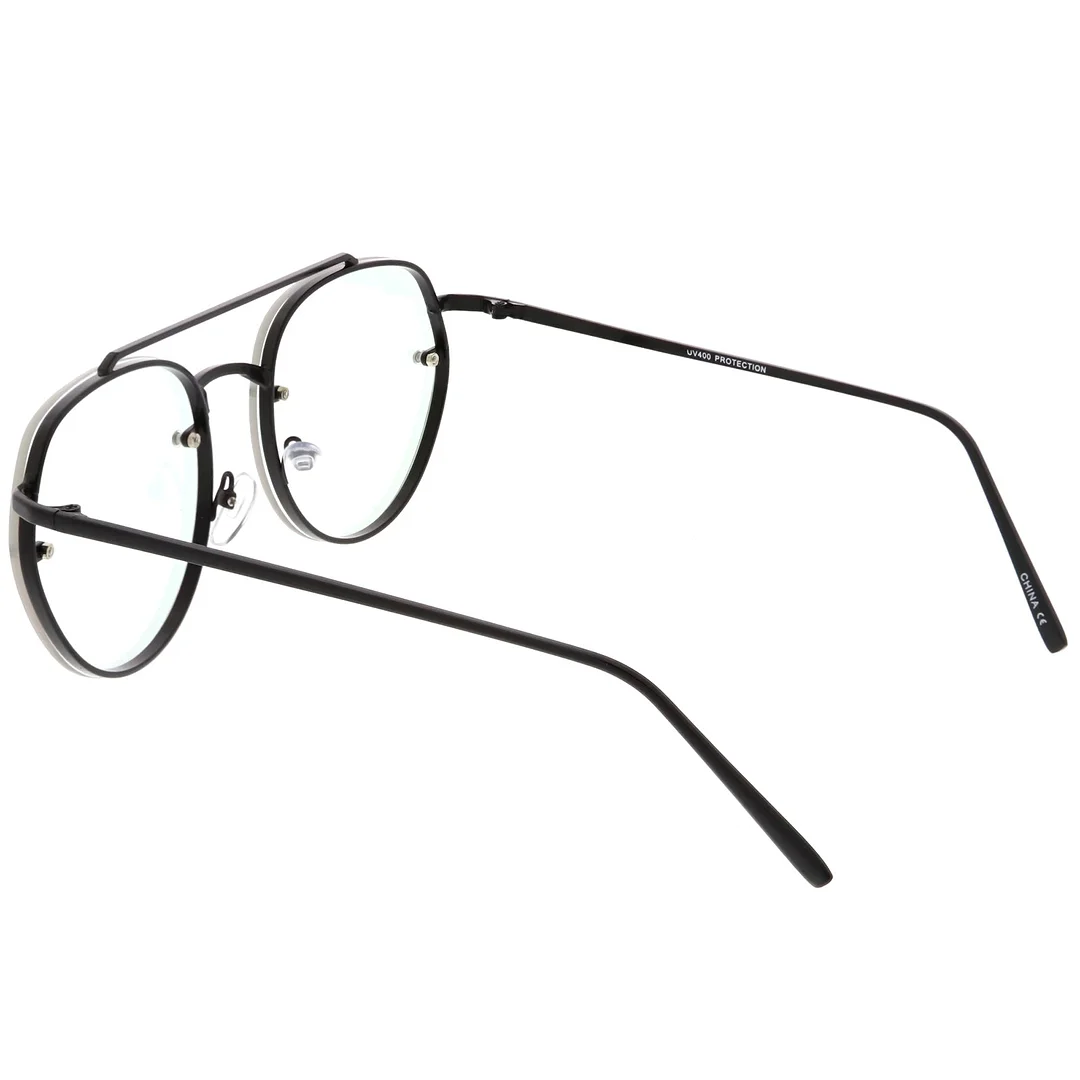 Modern Round Aviator Eyeglasses Slim Brow Bar Rimless Clear Flat Lens  59mm