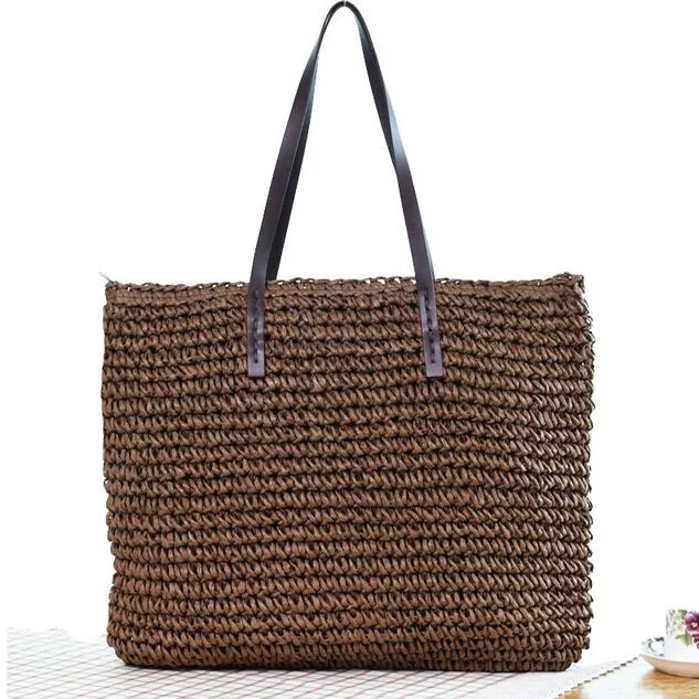 Women Handbag Summer Beach Bag Rattan Woven Handmade Knitted Straw Large Capacity Totes Leather Women Shoulder Bag Bohemia New